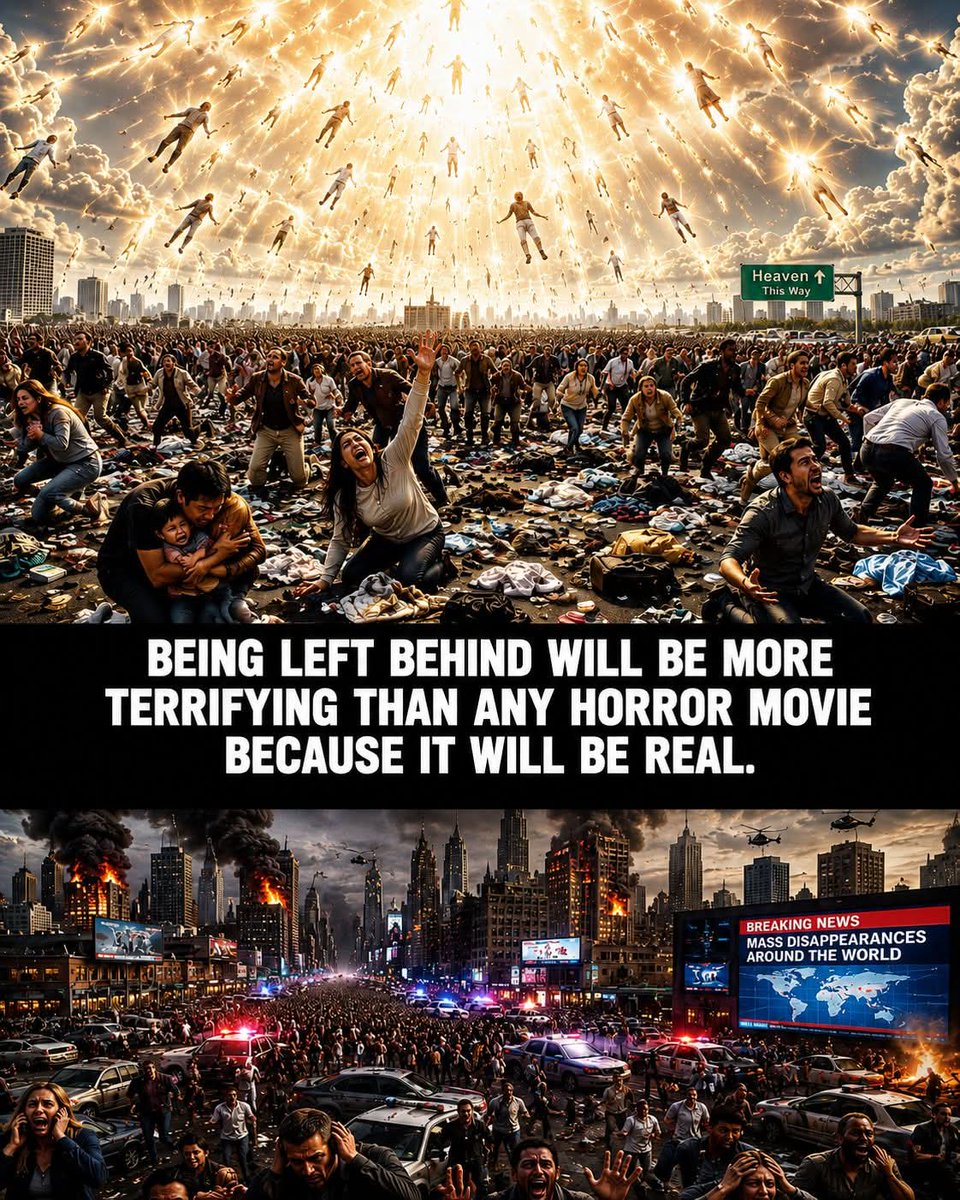 TevinMacharia's tweet photo. The Horror Of Being Left Behind

Being left behind will be more terrifying than any horror movie because it will be real.

The day may come when millions disappear, and those who remain will experience a fear unlike anything mankind has ever known. Panic will replace pride. Tears will replace laughter. Reality will silence every excuse.

But the greatest horror is not chaos in the streets.

The greatest horror is to enter eternity without Christ.

Yet God has given mankind hope. John 3:16 kjv says, "For God so loved the world, that he gave his only begotten Son, that whosoever believeth in him should not perish, but have everlasting life." God's desire is not that sinners perish, but that they receive everlasting life through His Son.

The Lord Jesus Christ came into this world to save sinners. According to 1 Corinthians 15:3-4 kjv, "Christ died for our sins according to the scriptures; And that he was buried, and that he rose again the third day according to the scriptures." He shed His perfect holy blood, paid the full price for sin, was buried, and rose again in victory.

Acts 20:28 kjv declares that God purchased the church "with his own blood." And according to 1 Peter 1:18-19 kjv, "Ye were not redeemed with corruptible things, as silver and gold... But with the precious blood of Christ, as of a lamb without blemish and without spot." Our redemption was not purchased by religion, good works, or human effort, but by the precious and holy blood of the Lord Jesus Christ.

Salvation is not found in religion, self-improvement, or human effort. Ephesians 2:8-9 kjv declares, "For by grace are ye saved through faith; and that not of yourselves: it is the gift of God: Not of works, lest any man should boast." Eternal life is God's gift, received by faith, not earned by works.

And God has made His invitation wonderfully simple. Acts 16:31 kjv says, "Believe on the Lord Jesus Christ, and thou shalt be saved." The sinner who places his trust in Christ alone and His finished work has God's promise of salvation.

And who are the ones that will be caught up to meet the Lord?

1 Thessalonians 4:14 kjv gives the answer: "For if we believe that Jesus died and rose again, even so them also which sleep in Jesus will God bring with him."

Then 1 Thessalonians 4:16-17 kjv continues, "For the Lord himself shall descend from heaven with a shout, with the voice of the archangel, and with the trump of God: and the dead in Christ shall rise first: Then we which are alive and remain shall be caught up together with them in the clouds, to meet the Lord in the air: and so shall we ever be with the Lord."

The same people described in 1 Thessalonians 4:16-17 kjv are the ones identified in 1 Thessalonians 4:14 kjv: those who believe that Jesus died and rose again. The blessed hope belongs to those who trust the finished work of Christ and His precious blood.

Do not wait until fear replaces opportunity.

Do not wait until the trumpet sounds and the world is thrown into confusion.

Do not wait until eternity turns warnings into reality.

Hebrews 9:27 kjv says, "And as it is appointed unto men once to die, but after this the judgment."

Hell is real.

Judgment is real.

Eternity is real.

And the Savior who cried in John 19:30 kjv, "It is finished," has already finished the work necessary to save every sinner who believes.

Heavy summary

The horror of being left behind will not come from monsters, demons, or horror movies.

It will come from reality.

But an even greater horror than being left behind on earth is to be left outside God's salvation and spend eternity in hell.

There is still hope.

There is still mercy.

There is still an open door.

Believe on the Lord Jesus Christ.

Trust His precious and perfect holy blood.

Trust His finished work.

Trust that He died for your sins, was buried, and rose again.

Because Acts 16:31 kjv still declares, "Believe on the Lord Jesus Christ, and thou shalt be saved."

Before reality arrives.