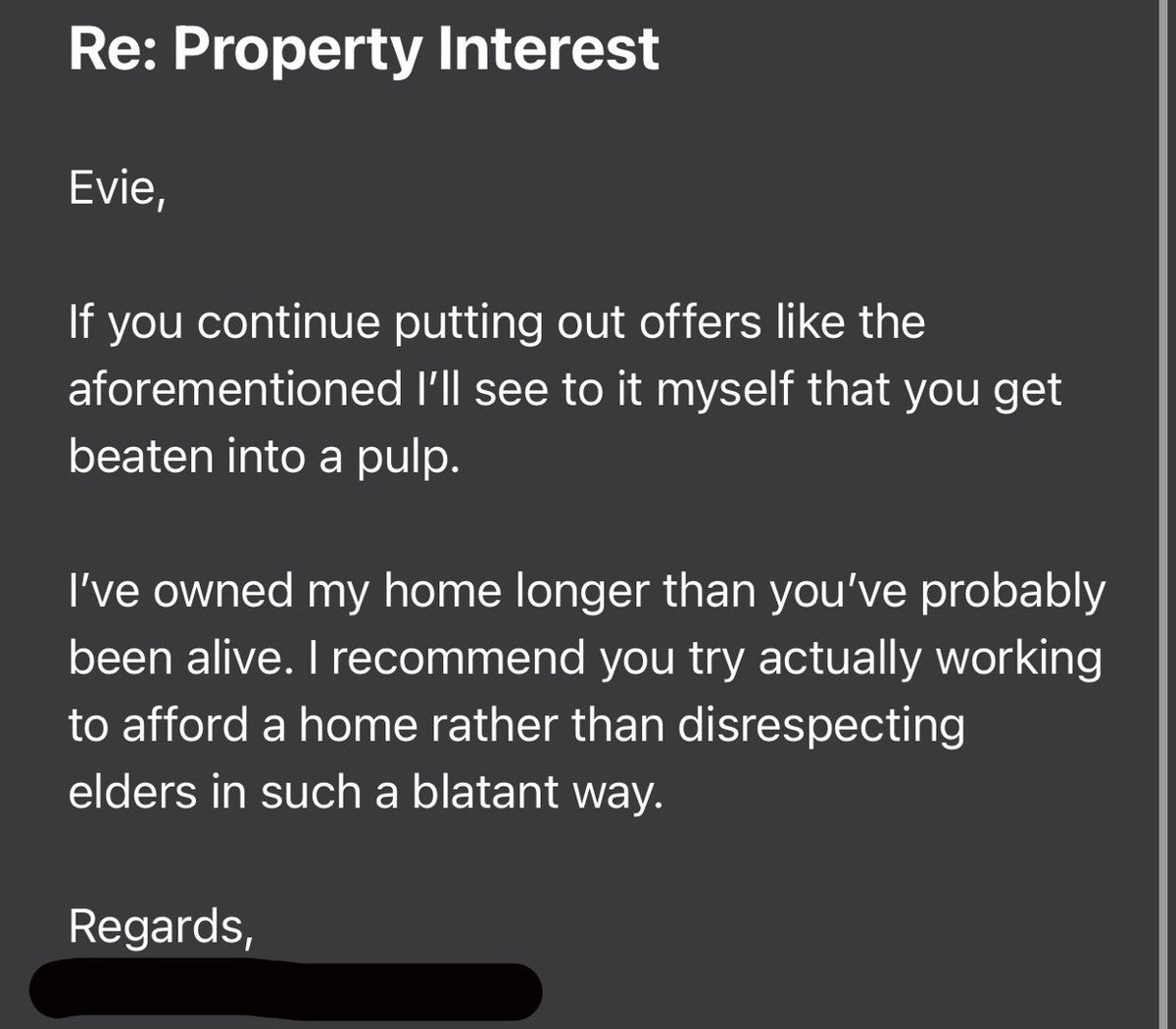 TransGirl's tweet photo. Been sending out low ball offers (like -80% low) to homes in retirement areas of Florida for a bit and I woke up to this email. 

Someone’s cranky. I felt that 200,000 dollars on an 800,000 dollar home was entirely reasonable considering I was offering CASH. Smh https://t.co/FCWUmUo6hC