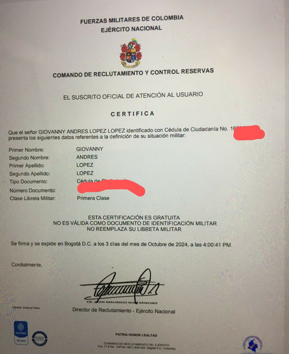 1De888's tweet photo. Señor General @EEZapateiro, quien habla en ese audio, se llama GIOVANNI ANDRES LOPEZ LOPEZ @Urisisbenizadi @Gioandrell84 el señor dice lo que dice de usted, cuando dice cómodamente y sin desparpajos que fue miembro de las FFMM, cosa que dudo mucho porque a duras penas este señor solo aparece con una libreta de 1ra clase. (ver imagen) 

Si necesita mas informacion de este señor que se esconde en Valencia España, para emprender acciones legales en su contra, llegue al DM que le tengo todos los datos. @guardiacivil   

@Sir_Jaba85 @labrujavolando @vahiaa @Alexand0816 @Ex_comvicta @Vaia84 @ibm1955 @EternityInfi @M_AaronZ @_labrujamalvada @6JotaKa6 @MonisAtenea @Deom1969 @_YulianMoreno_ @JWGarcia2 @postguerra2 @Mitocondrio2791 @activista79 @aljandro_enriq2 @jmmendozabd @PrincipeGrisNM @AdriHin1973 @Dudamcol1 @damiangarrexc @delminutodedios @Yovaca1732095 @cerdamonda @FelipeL23660 @enelpurgatorio_ @paurojaschmana @BasucoNico99664 @damianmiado @LUIS9083 @JuegaGonzalez @ByViral24 @monigodoyf @LaJuliMM