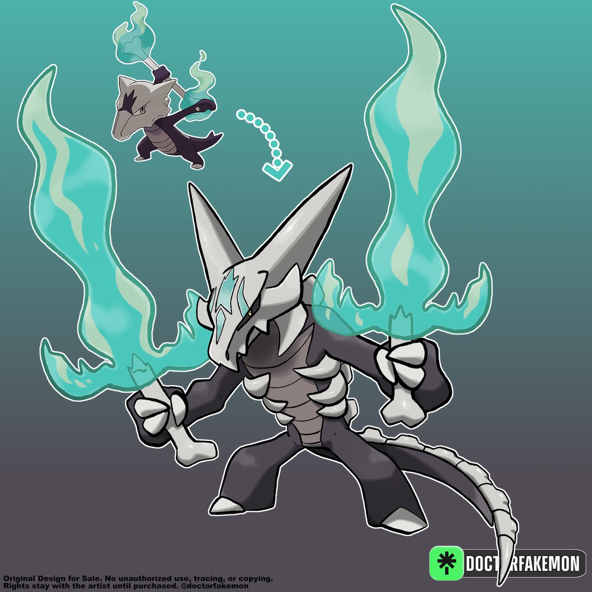 DoctorFakemon's tweet photo. Alolan Marowak Evo. 

As he evolves, bone plates cover part of his body; he breaks the large bone he was carrying, and its ends emerge as blades of phantom fire that he now uses as sinister swords.

Adopted by @volosjustice 

#pokemon #fakemon #pokemonevolution https://t.co/WkbFFTKEm7