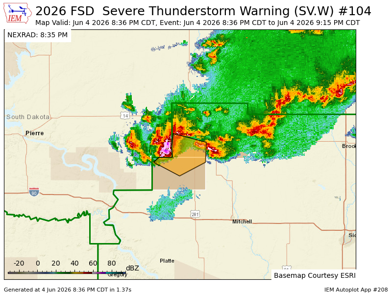 shawncable's tweet photo. FSD issues Severe Thunderstorm Warning [wind: 60 MPH (RADAR INDICATED), hail: 1.00 IN (RADAR INDICATED)] for Beadle, Jerauld [SD] till 9:15 PM CDT https://t.co/KQo6TfeWbn https://t.co/y2GkinsbGr