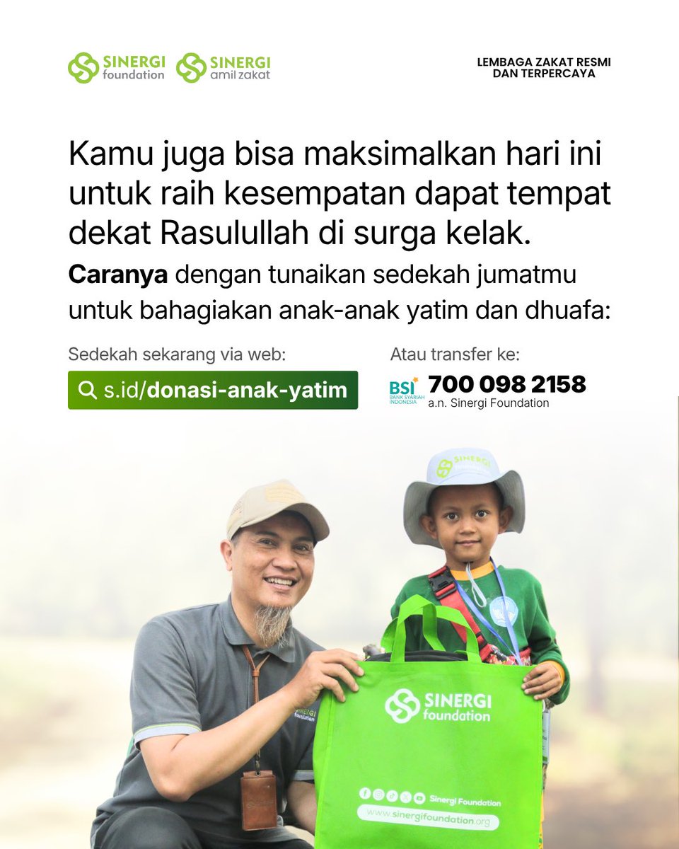 sinergiid's tweet photo. Jangan sampai hari Jumat terlewat tanpa sedekah!

Klik https://t.co/aF38TGhCwW untuk bersedekah!

Atau transfer ke:
💳 BSI 700.098.2158 a.n Sinergi Foundation

konfirmasi:
📞 081-321-200-100

#sinergifoundation #sinergiamilzakat #jumatberkah❤️ #sedekahjumat #santuniyatim https://t.co/4TFOG3CYGp