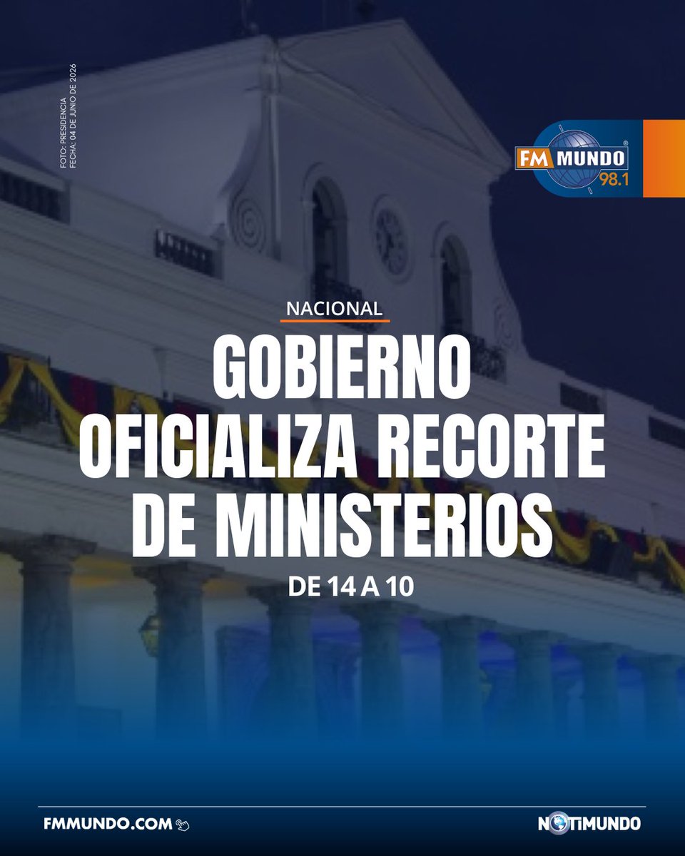 notimundoec's tweet photo. 🇪🇨#Ecuador | A través de una cadena nacional, el Gobierno oficializó los recortes ministeriales de 14 a 10 Carteras de Estado.

🔗https://t.co/cAn7vJ9ShE

#FmMundo, 100% digital 📲 https://t.co/VlolMj2g0q