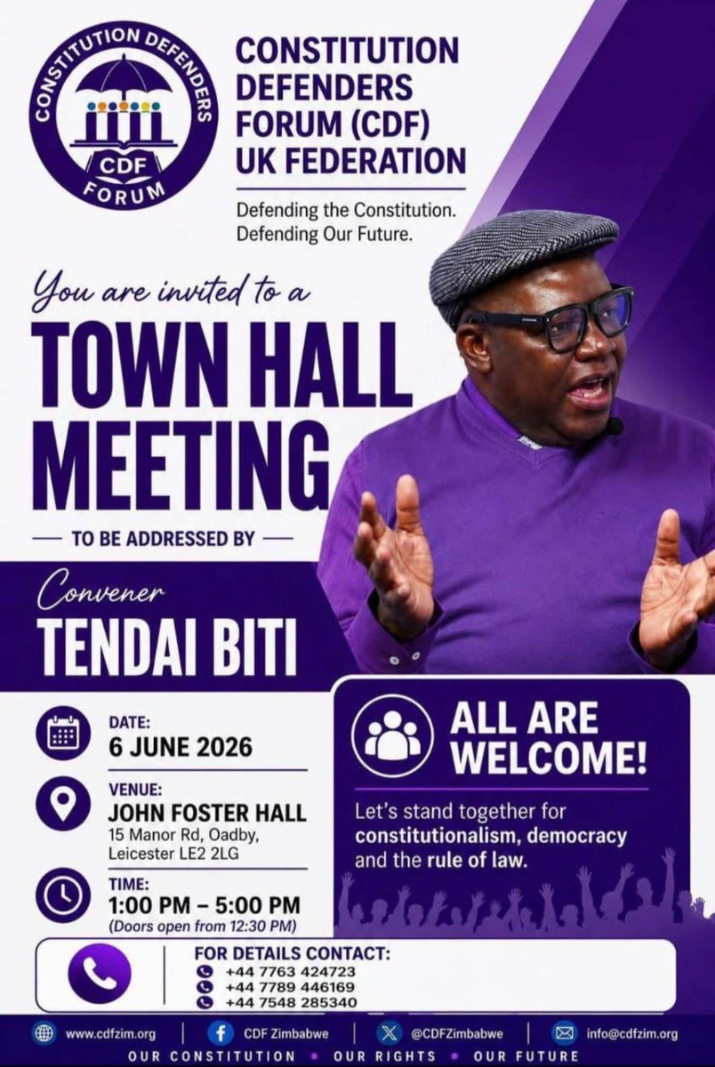cdfzim's tweet photo. Zimbabweans in the UK, friends of Zimbabwe, and all defenders of democracy, the @CDForumUK Federation invites you to a Town Hall Meeting on 6 June 2026 at John Foster Hall, Oadby, Leicester from 1 PM - 5PM.

The meeting will be addressed by the CDF Convener @BitiTendai, who will share key insights on the constitutional crisis and the way forward for our country.

This is a moment to engage, organise, and stand together against Constitutional Amendment Bill No. 3.

#RejectAmendmentNo3 #DefendTheConstitution