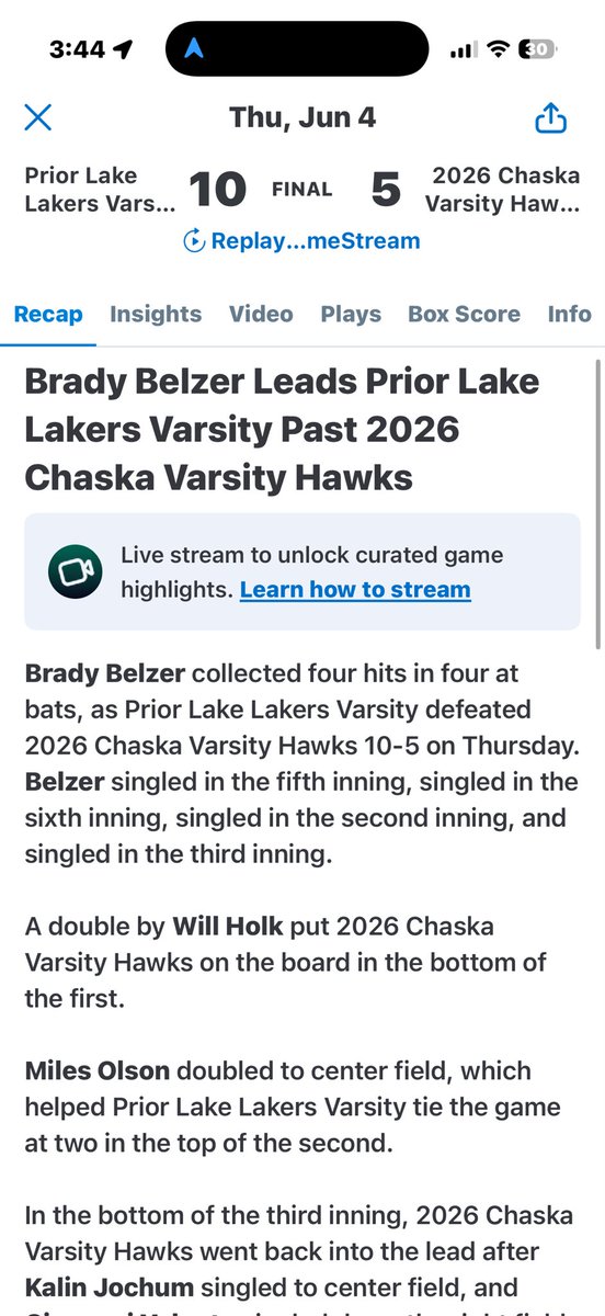 BradyBelzer's tweet photo. Huge Section final win for the boys today! We won 10-5 against a solid team. I went 4-4 with four 1B and two RBI’s @Zhendrikson10 https://t.co/YE0Yu5F4OW