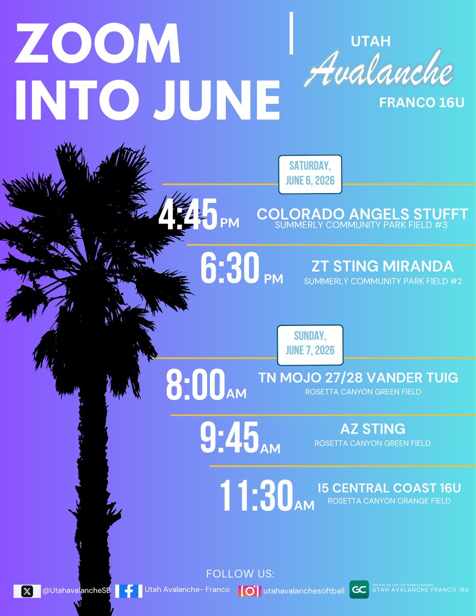 UtahavalancheSB's tweet photo. THIS WEEKEND!!!
🌴Zoom into June
📆 June 6 &amp; 7, 2026
📍Lake Elsinore, CA - Summerly Community Park &amp; Rosetta Canyon 
#utahavalanchesoftball
#2027recruit
#2028recruit https://t.co/PE4CpeICGv