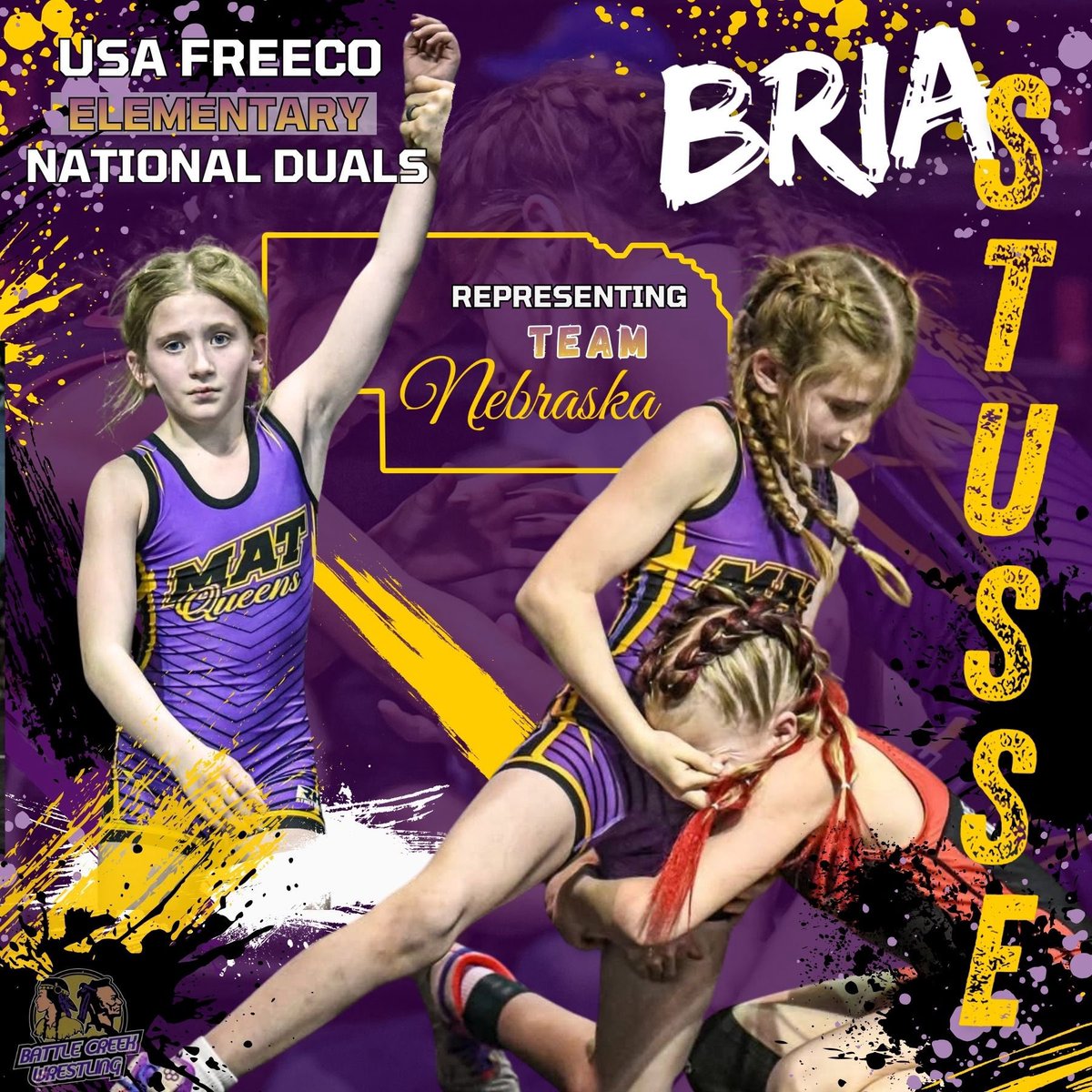 BCYthWrestling's tweet photo. Battle Creek Wrestling is proud to cheer on Bria Stusse as she heads to the USA FRECO Elementary National Duals representing Team Nebraska!

💜💛 Good luck, Bria! We are proud of you! 💛💜

#TeamNebraska #USAFRECO #NationalDuals #BuiltDifferent #LetItFly #AttitudeAttentionEffort https://t.co/4tkigGTDyU