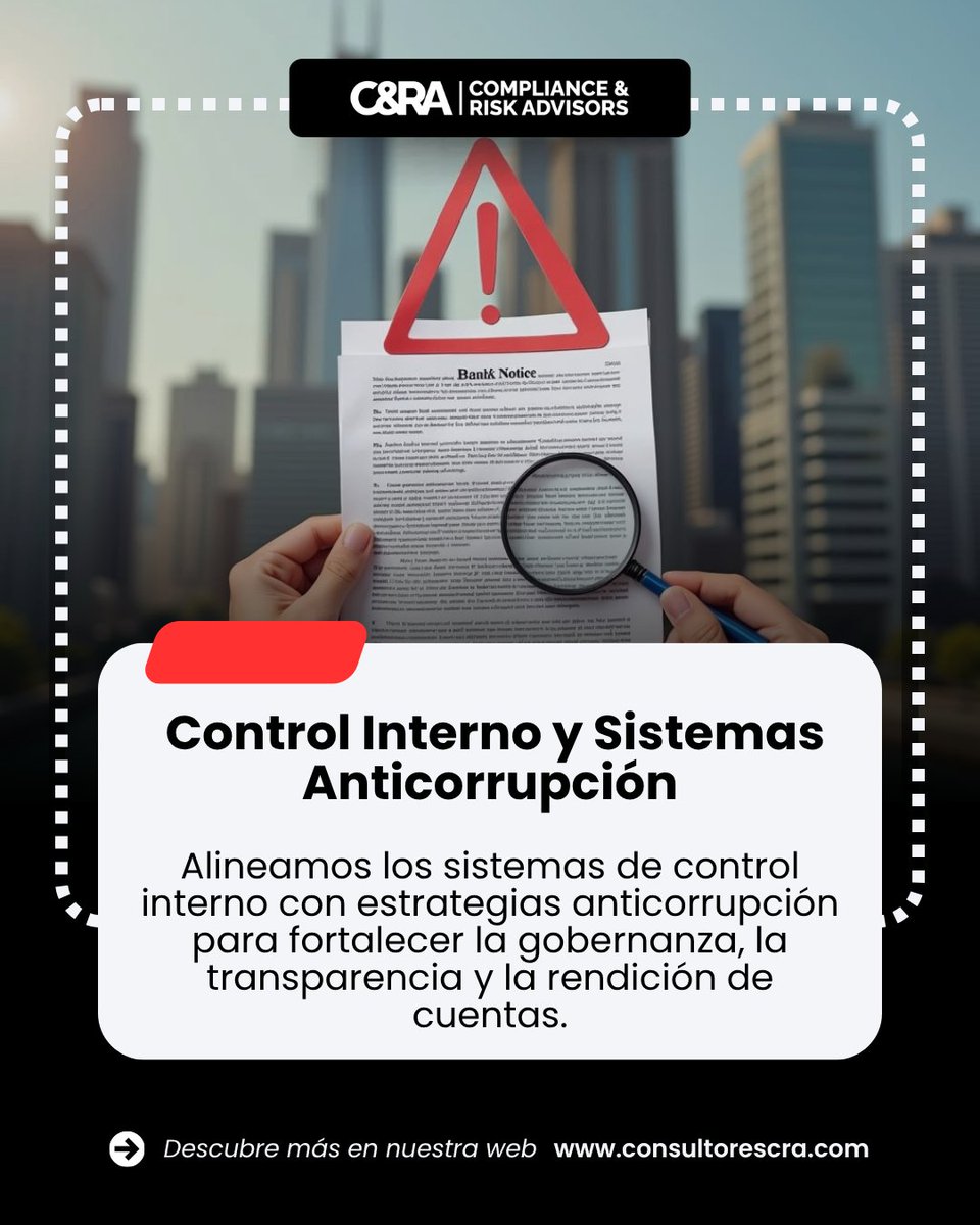 c_advisors's tweet photo. 🏛️ Impulsamos gobiernos más íntegros, transparentes y resilientes.

✅ Gestión de Riesgos
✅ Auditorías Independientes
✅ ISO 37001
✅ ISO 37002
✅ Control Interno y Anticorrupción

#Gobiernos #Transparencia #Anticorrupción #ControlInterno https://t.co/C83OKJhtar