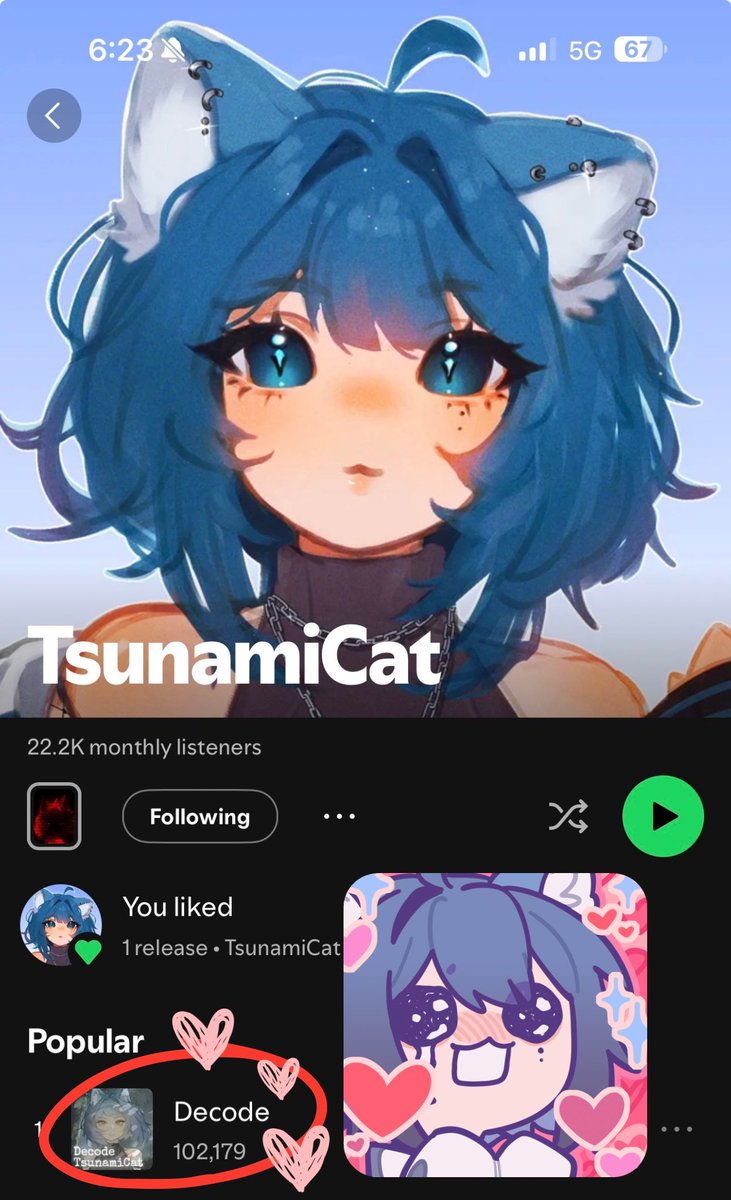 TsunamiCatVT's tweet photo. THANKS FOR 100K STREAMS ON SPOTIFY FOR DECODE 😭🩵🩵🩵 

blown away by the insane support for my first cover 🥺🩵 https://t.co/qPQ1psvMkV