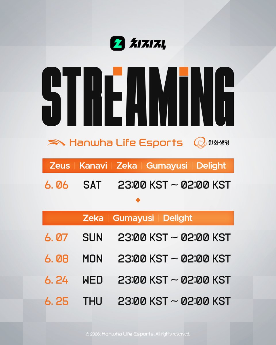 HLEofficial's tweet photo. 🍿𝗛𝗟𝗘 𝗝𝘂𝗻𝗲 𝗦𝘁𝗿𝗲𝗮𝗺𝗶𝗻𝗴 𝗦𝗰𝗵𝗲𝗱𝘂𝗹𝗲🍿
Zeus : https://t.co/MKhiwlZq2Z
Kanavi : https://t.co/sizOyscFSu
Zeka : https://t.co/ELBpglwPCv
Gumayusi : https://t.co/lqUwK0UwMc
Delight : https://t.co/0Pvghfh40g https://t.co/j1fs71kpI7