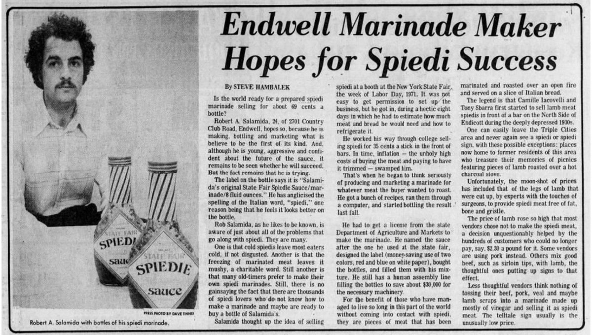 BinghamtonNow's tweet photo. 50 YEARS AGO: Robert A. Salamida of Endwell began making, bottling and marketing "Original State Fair Spiedie Sauce." This story appeared in The Evening Press on June 4, 1976. https://t.co/ErZVw94Hqa