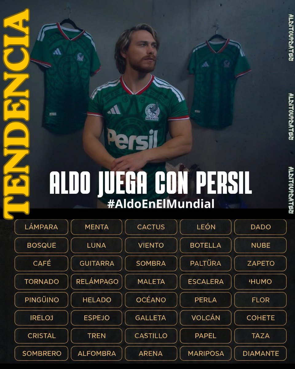 alditoupdates's tweet photo. Iniciamos la tendencia con una dinámica!

Frase: ALDO JUGA CON PERSIL 
##AldoEnElMundial
📌Comenta cada palabra de la imagen JUNTO a la frase oficial+ RT a TODOS los comentarios.

Hagamos mucho ruido team. 🫶🏻
@PersilLaundry 

@aldotdenigris https://t.co/ij0CKwUXWc