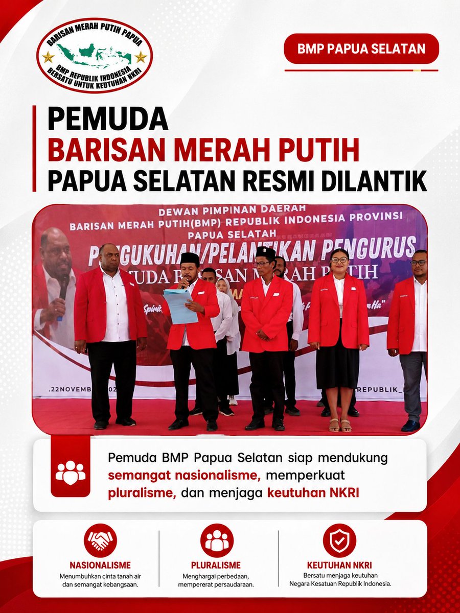 MarkusJericho2's tweet photo. Pemuda BMP Papua Selatan siap mendukung semangat nasionalisme, memperkuat plurarisme, dan menjaga keutuhan NKRI
#BarisanMerahPutih #BMPPeduliPapua #PapuaDamai #PapuaSelatan https://t.co/dCITwkFcgY