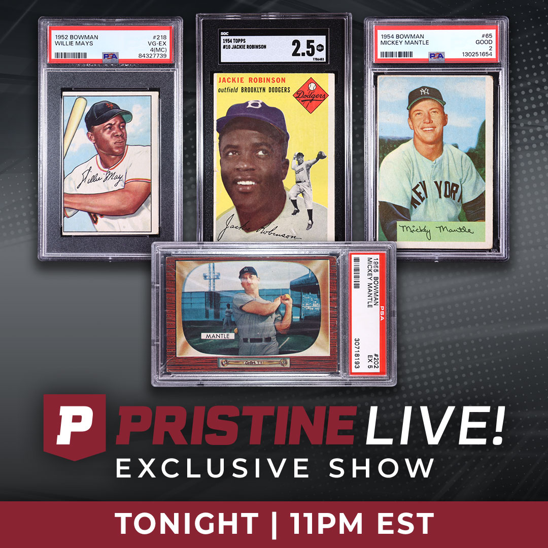 PristineAuction's tweet photo. Not every night you get Mays, Robinson, and Mantle in the same lineup. 😎
Don't miss tonight's Pristine LIVE! Exclusive Show at 11 PM EST featuring these legends.
$1 Starts. No Reserves 👇 https://t.co/Uza1S2v9iv https://t.co/uydfvzqVNN