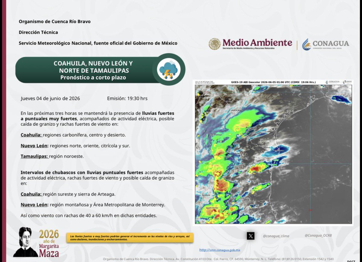 ConaguaOCRBravo's tweet photo. 🚨⛈️ #AlertaMeteorológica | En las próximas horas se esperan lluvias fuertes a muy fuertes, tormentas eléctricas, posible caída de granizo y rachas de viento de hasta 60 km/h en regiones de Coahuila, Nuevo León y norte de Tamaulipas. Mantente informado y extrema precauciones. 🌧️ https://t.co/EnodCnvruw