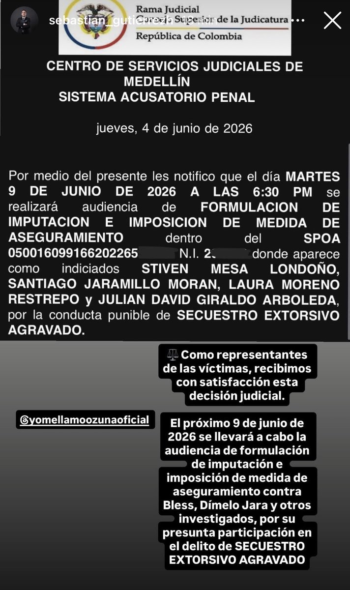 SebastianNohra's tweet photo. #ATENCIÓN

La fiscalía citó el próximo martes a audiencia de imputación con medida de aseguramiento contra el artista colombiano Blessd por el delito de secuestro extorsivo agravado.

Lo anuncia el abogado de la víctima (Andrés Felipe Sánchez). https://t.co/gYK19Abkkm