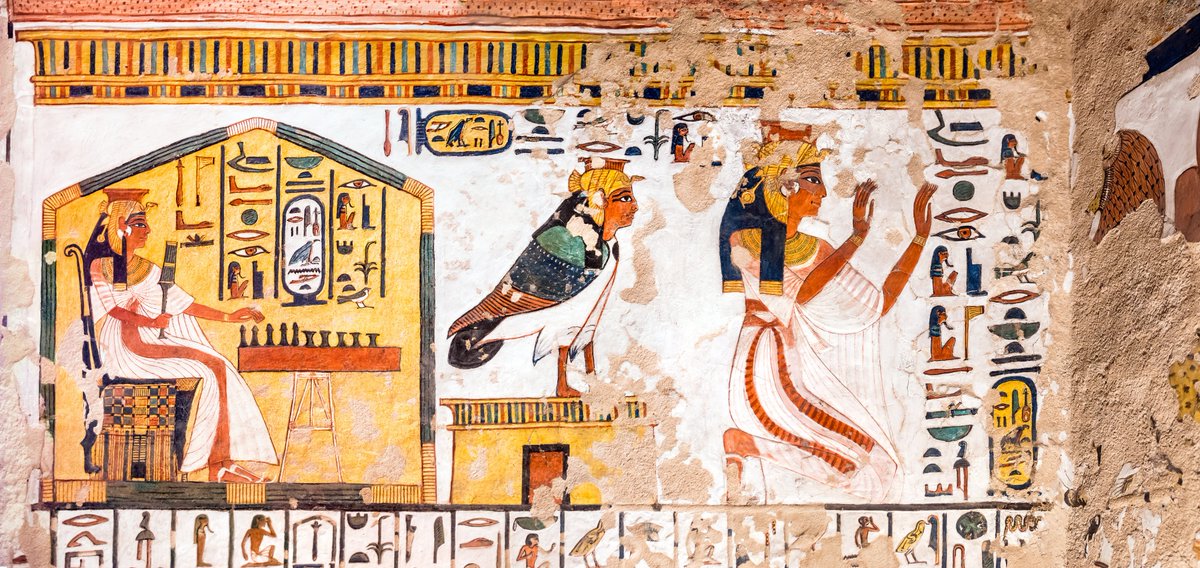PeterBrandEgypt's tweet photo. Some images from Queen Nefertari' tomb show symbism seen on papyrus scrolls of the Book of the Dead.

There wasn't room for the entire Book on its walls, but these scenes airded the Queen' journey through the Underworld 

In one scene the goddesses Isis and Nepthys appear as kites mourning Osiris on his bier inside a shrine.

Kites are raptors whose high pitched cries were similar to the sound of the goddesses mourning their dead brother Osiris

Another scene has Nefertari herself sitting in a shrine playing the ancient board game Senet. Sent means "(the game of) Passing"

It represents the dead queen's journey through the Underworld and the obstacles she faced.

Another image shows her with a bird's body, the classic image of the deceased's soul 

#archaeohistories #archaeology
#myth