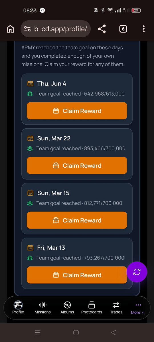 tiayow's tweet photo. @b_cdapp Wow thank you so much 🥺💜
I always claim team mission rewards before starting daily missions. Didn't realize I have rewards unclaimed, it's like a surprise 😆 https://t.co/xYECNHJBah