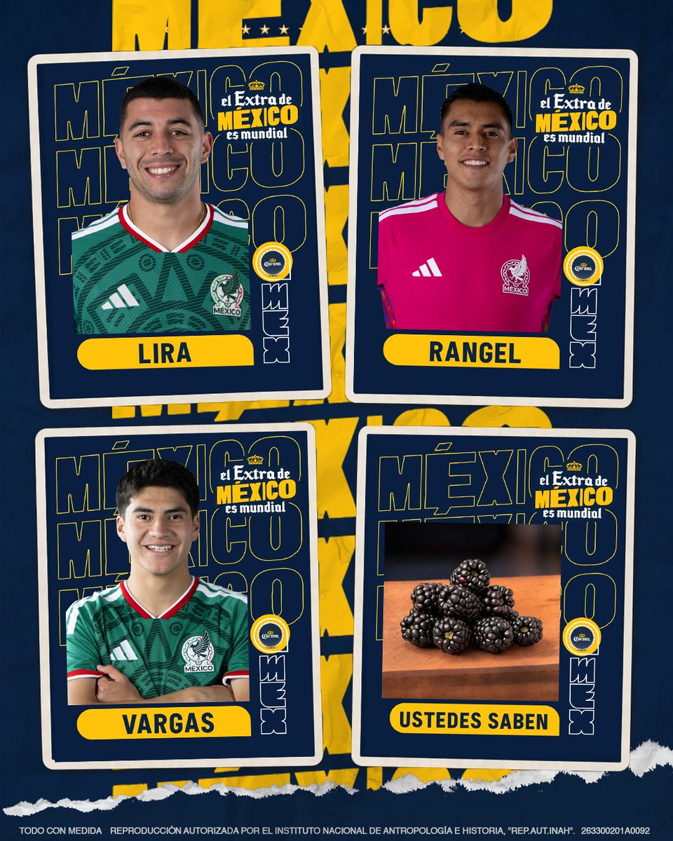 Corona_MX's tweet photo. A ver, ayúdennos ⚽ No todos nuestros convocados de
@miseleccionmx están en el álbum, pero tenemos las estampitas de los que sí o sí darán el Extra en la cancha.   💚🤍❤️ La última, ya saben cuál es, si llega a 3,000 likes la haremos realidad. 👀🫐 https://t.co/tWKgysmzKr