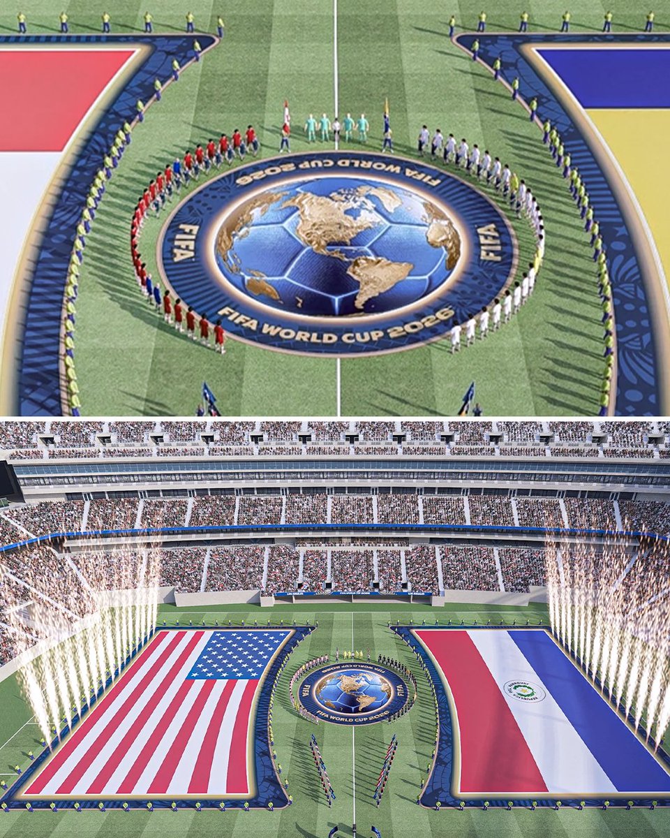 ESPNFC's tweet photo. Pre-match ceremonies will be revamped for the World Cup 👀
 
FIFA announced new designs featuring extra-large flag banners and plans for every player to step into the spotlight to gather around the centre circle for the national anthems 😲

(via @fifamedia) https://t.co/0kcwgb8QdJ