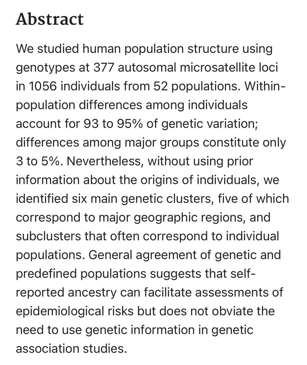 Geox369's tweet photo. @zerker111 @SRFCAzkii @Dreadheadtajie @BradyYourTutor_ The second study you sent literally says 93-95% of all human genetic variation exists WITHIN local populations… and only 3-5% between continental groups…

This literally says two people from the same group can be as genetically different as two people from different continents. https://t.co/OTihCE2gUL