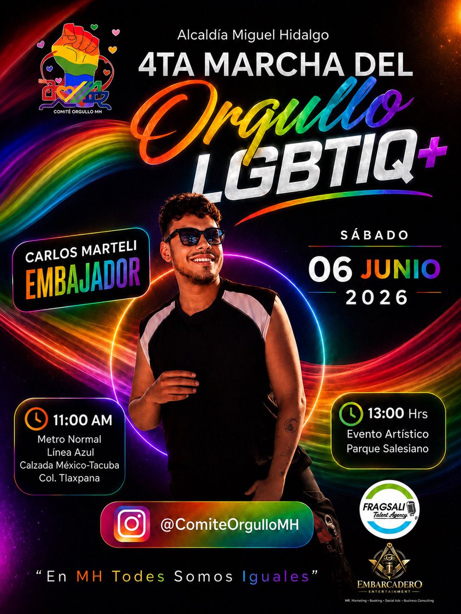 CarlosMarteli's tweet photo. Este sábado 06 de junio nos vemos en la 4ta Marcha del Orgullo LGBTIQ+ de Miguel Hidalgo 🌈 @AlcaldiaMHmx 

Tengo el honor de participar como Embajador de esta marcha.

Porque la visibilidad no es moda.
Es historia, comunidad y presencia.

📍 11:00 AM — Metro Normal
🎤 13:00 hrs — Parque Salesiano

En MH todes somos iguales. 🏳️‍🌈✨@fragosomanager 

#OrgulloLGBTIQ #PrideCDMX #CarlosMarteli #ComunidadLGBTIQ #MiguelHidalgo