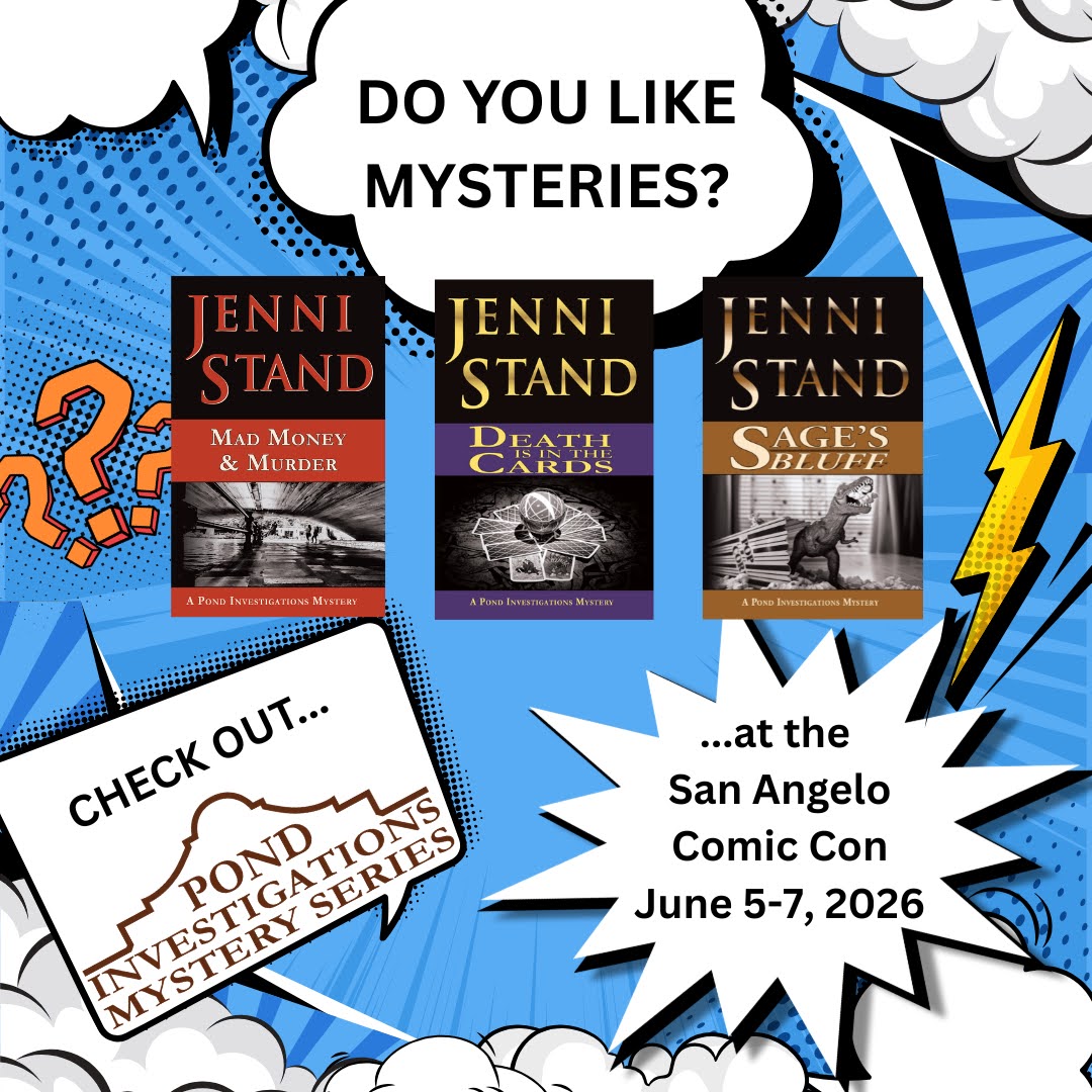 Jenni_Stand's tweet photo. Do you like mysteries? Come pick up your copies of my Pond Investigations Mystery series!
Swing by and see us at the Spur Arena for the San Angelo Comic Con this weekend! Mysteries, bookmarks, and tote bags. 
Get ready for a chat and fast, fun reads! https://t.co/h2yGRBvmPM