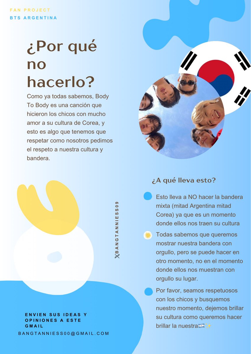bangtanniess09's tweet photo. Hemos visto que ha estado circulando un projecto sobre levantar una bandera mixta durante una parte de “Body To Body” y les presentamos nuestra opinión🇦🇷✨
#BTS_ARİRANG #BTSARGENTINA #BTSFANPROJECT #btsarg https://t.co/JAhsPkIbSQ