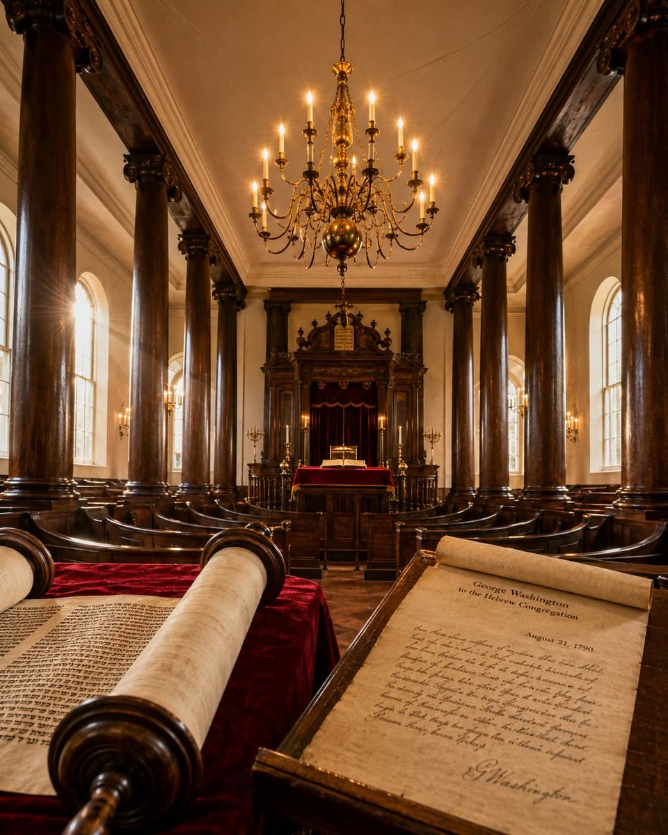 Adi13's tweet photo. In 1790, George Washington wrote a letter to the Jewish congregation of Newport, Rhode Island, that changed the meaning of America. 🕍✍️

He didn't just promise tolerance. He promised something far greater: "to bigotry no sanction, to persecution no assistance." Those words, borrowed from the congregation's own letter to him, became one of the most powerful statements of religious freedom in American history.

The Touro Synagogue, built in 1763, is the oldest surviving synagogue in North America. It was founded by Sephardic Jews, many of them descendants of families expelled from Spain and Portugal in 1492, who had made their way through the Caribbean and finally to the shores of Rhode Island, a colony founded on the radical idea of religious liberty.

They built something extraordinary: a Georgian colonial masterpiece that looked like its New England neighbors on the outside, and felt like a piece of Jerusalem on the inside.

What does it mean that one of America's most sacred documents of religious freedom was written to a Jewish congregation? Drop a ✡️ in the comments if this is part of your story.

H/T Hidden Tribes