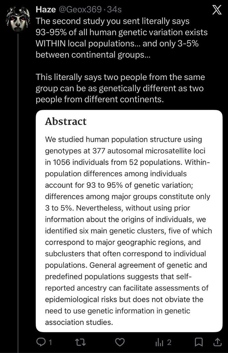 Geox369's tweet photo. @zerker111 @SRFCAzkii @Dreadheadtajie @BradyYourTutor_ Genuinely is there any point to me going through all of these studies when it’s clear you haven’t even read any of them and the first 2 literally calls race a social construct and proves my argument…

You have just sent links contradicting yourself and proving me right. https://t.co/cnBWXyKbr3