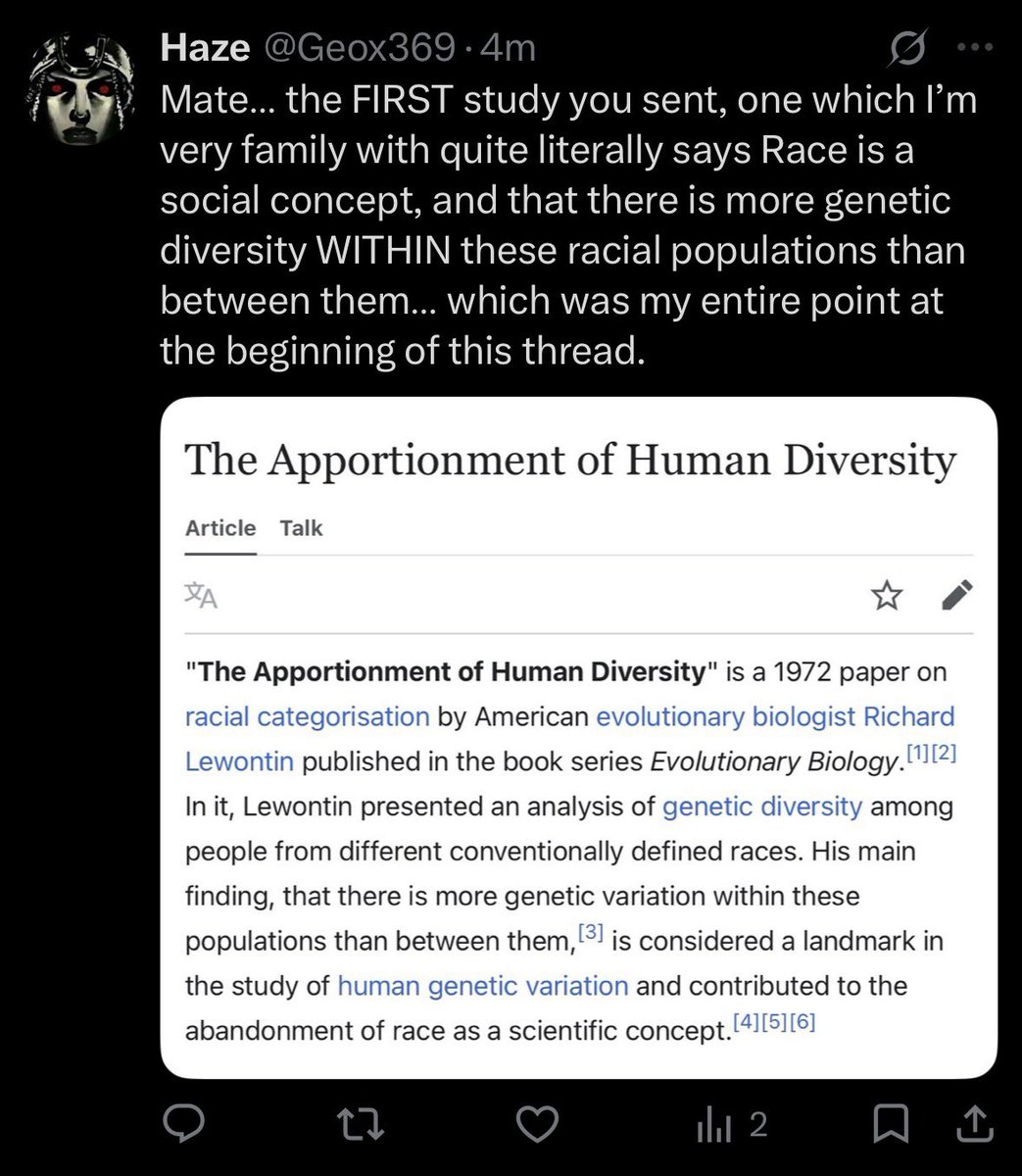 Geox369's tweet photo. @zerker111 @SRFCAzkii @Dreadheadtajie @BradyYourTutor_ Genuinely is there any point to me going through all of these studies when it’s clear you haven’t even read any of them and the first 2 literally calls race a social construct and proves my argument…

You have just sent links contradicting yourself and proving me right. https://t.co/cnBWXyKbr3