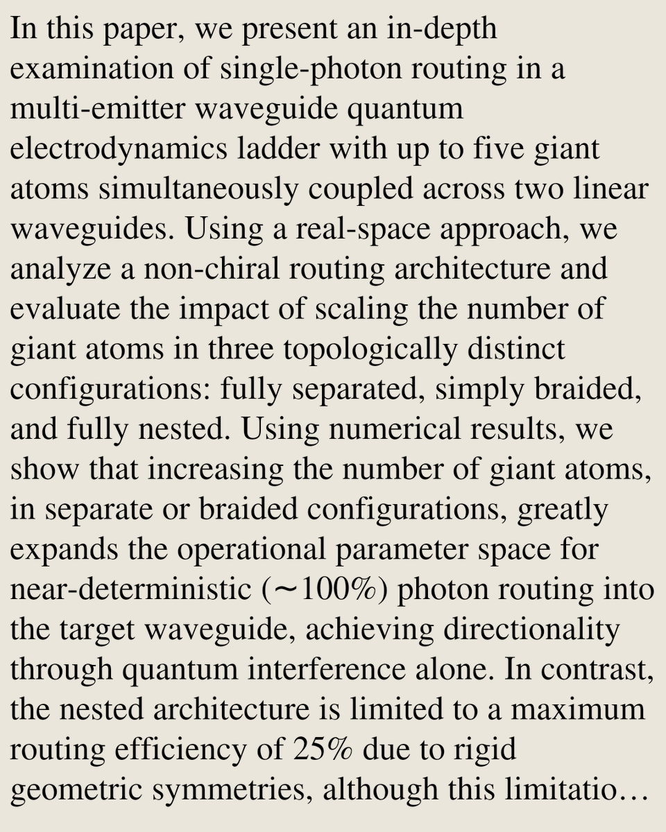 QuantumPapers's tweet photo. Chirality-free photon routing via giant atoms in waveguide QED ladders

Glenn Ochsner, Vincent Schena, Arushi Deb, Imran M. Mirza
https://t.co/WHktRFsx3Z [𝚚𝚞𝚊𝚗𝚝-𝚙𝚑] https://t.co/IU4h5N4Gct