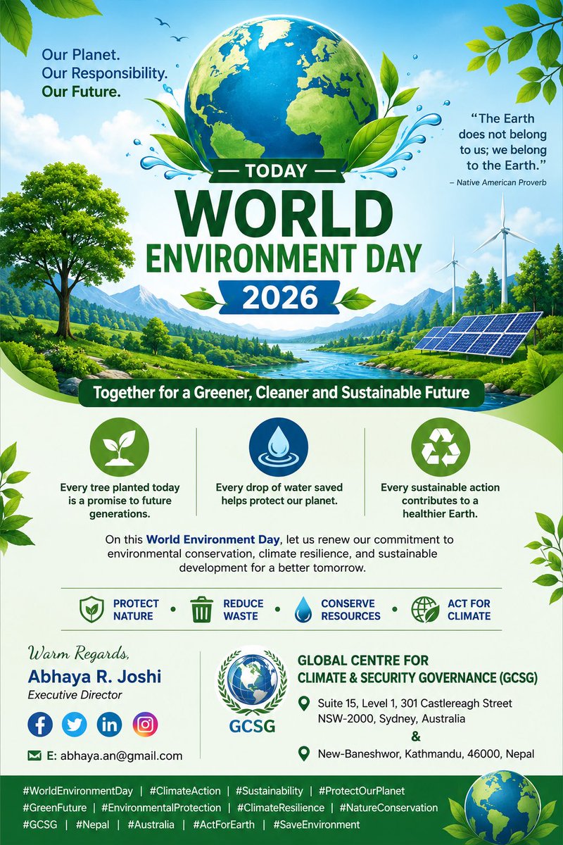 GCSGI's tweet photo. A healthy planet is the foundation of a prosperous future. On #WorldEnvironmentDay, let us work together to protect our environment and advance sustainable solutions for generations to come. 🌍

#ClimateAction #Sustainability #GreenFuture #GCSG #ActForEarth https://t.co/DRq3pWSnDS