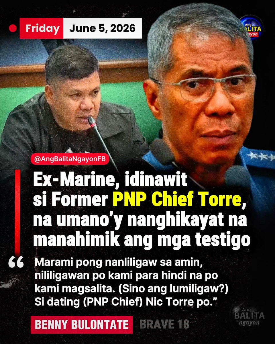 BalitaNgayonFB's tweet photo. EX-MARINE, IDINAWIT SI NICOLAS TORRE III SA FLOOD CONTROL PROBE; UMANO’Y NANGHIKAYAT NA MANAHIMIK ANG MGA TESTIGO

Isang seryosong alegasyon ang lumutang sa pagdinig ng Senate Blue Ribbon Committee noong Hunyo 4 matapos pangalanan ng dating Marine na si Benny Bulontate si dating Philippine National Police chief at kasalukuyang MMDA General Manager Nicolas Torre III bilang isa umano sa mga lumapit sa kanila upang hikayatin silang huwag nang magsalita kaugnay ng kontrobersyal na flood control scandal.

Sa ilalim ng panunumpa, sinabi ni Bulontate na may mga taong umano’y nakipag-ugnayan sa kanila upang huwag nang suportahan o patotohanan ang mga pahayag ng whistleblower na si Orly Guteza, na naunang nagbunyag ng umano’y mga anomalya sa flood control projects.

Ayon kay Bulontate:

“Marami pong nanliligaw sa amin, nililigawan po kami para hindi na po kami magsalita.”

Nang tanungin kung sino umano ang lumalapit sa kanila, direkta niyang isinagot:

“Si dating (PNP Chief) Nic Torre po.”

Lumutang ang alegasyong ito sa gitna ng nagpapatuloy na imbestigasyon sa mga paratang ng katiwalian sa flood control projects na unang iniuugnay ng whistleblower na si Orly Guteza sa ilang proyekto at personalidad.

Ayon sa testimonya ni Bulontate, may mga pagtatangka umanong hikayatin ang ilang testigo na huwag nang magsalita o magbigay ng suporta sa mga naunang pahayag ni Guteza.

Sa oras ng pagsusulat, wala pang inilalabas na opisyal na pahayag si MMDA General Manager Nicolas Torre III bilang tugon sa alegasyong inilahad ni Bulontate sa pagdinig.