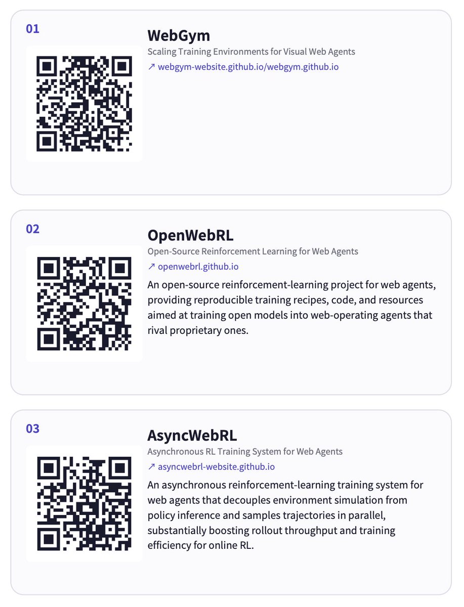 jackbot_cs's tweet photo. Tomorrow at ExHall A &amp; F Poster Location: 471, 5pm-7pm, we'll present WebGym, together introducing two recently pre-released works (AsyncWebRL and OpenWebRL) as a surprise :)

WebGym: https://t.co/vUva6lTXah
OpenWebRL: https://t.co/79pJpL1NI3
AsyncWebRL: https://t.co/PdvVJTGoQV https://t.co/qi6fevUodc