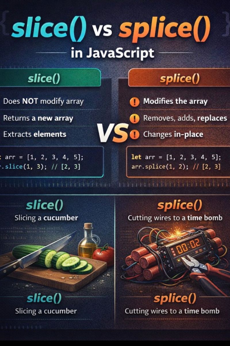 AnisCodex's tweet photo. 🔪 slice() vs splice() in JavaScript

✅ slice() returns a new array without modifying the original.

💣 splice() changes the original array by adding, removing, or replacing elements.

One copies. One mutates.

#JavaScript #WebDev #Frontend https://t.co/XH1NsNuiNo