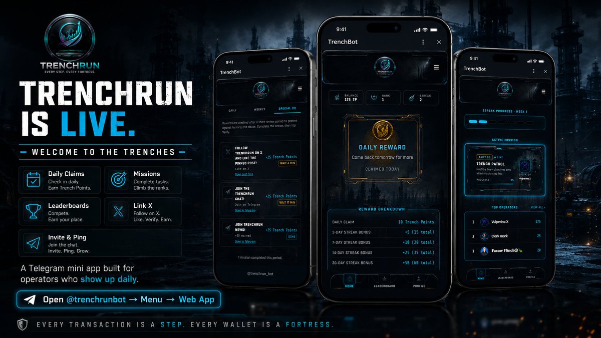 Trenchrun_3D's tweet photo. Greetings Operators! 🫡

We are proud to finally announce our first MiniApp on Telegram, TrenchBot.

This is the first phase of the official "TrenchRun" 👷 

→ Claim Trench Points every day💯
→ Build streaks and unlock bonuses📆
→ Complete X + Telegram missions✅
→ Climb Global + Friends leaderboards🪜
→ Link X, invite your squad, ping for rewards🤑

Token Launch: Q3 2026

Submit a bug if you find one. 🐞

Official Link : https://t.co/bzIpPntaUE

#Trenchrun #Telegram #CryptoTwitter
#Web3 #MiniApp