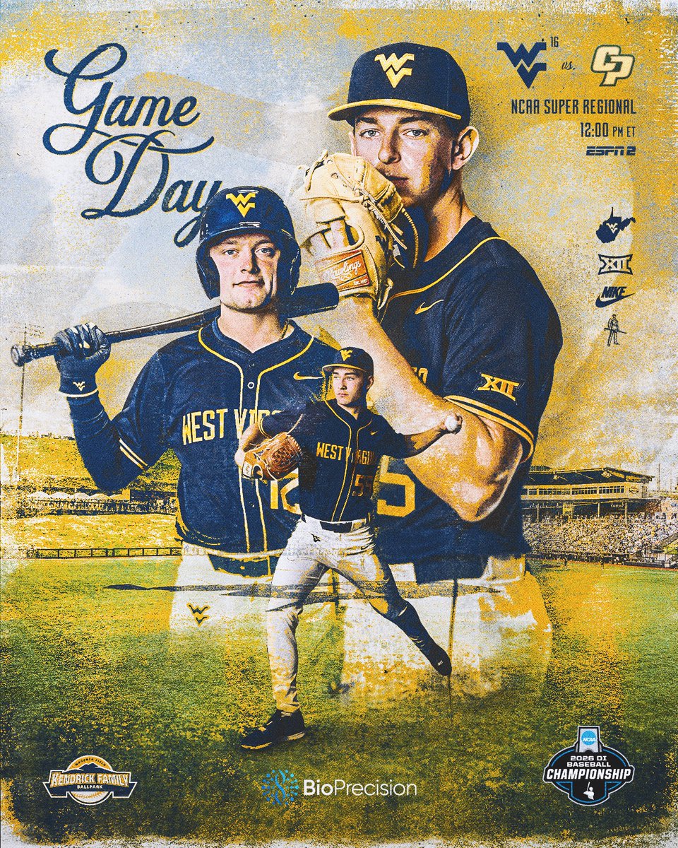 WVUBaseball's tweet photo. Game Day!

🆚 Cal Poly
⚾️ NCAA Super Regionals
⌚️ 12 p.m.
📍 Morgantown
🏟️ Kendrick Family Ballpark
📺 ESPN2
📻 https://t.co/qnInvtqIj8
📊 https://t.co/lipepYH1rC

#HailWV https://t.co/CrwtkuIU9c