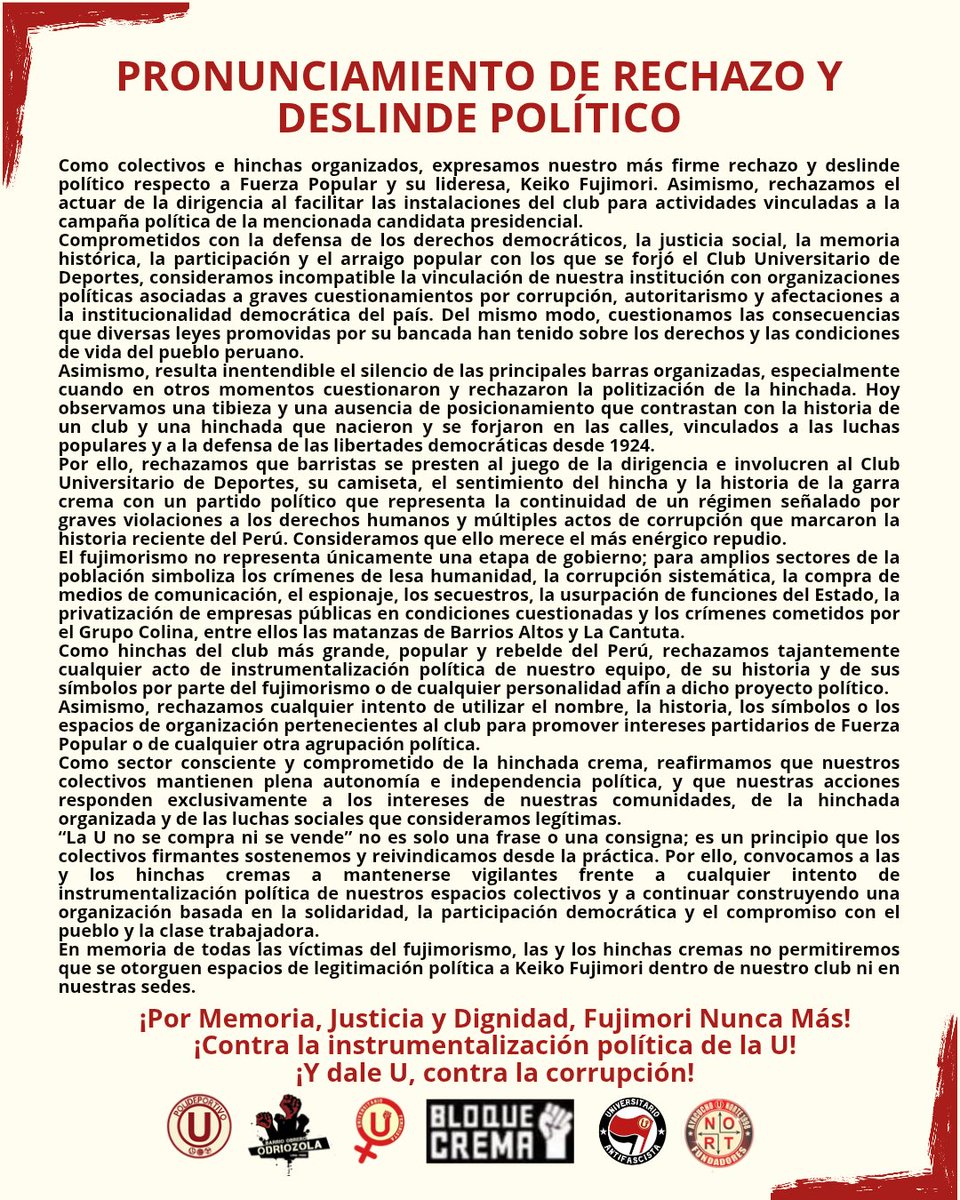 UniversitarioF4's tweet photo. PRONUNCIAMIENTO DE RECHAZO Y DESLINDE POLÍTICA

¡Por memoria, justicia y dignidad, Fujimori nunca más!
¡Contra la instrumentalización política de la U!
¡Y dale U, contra la corrupción! https://t.co/PNlHBcWdMv