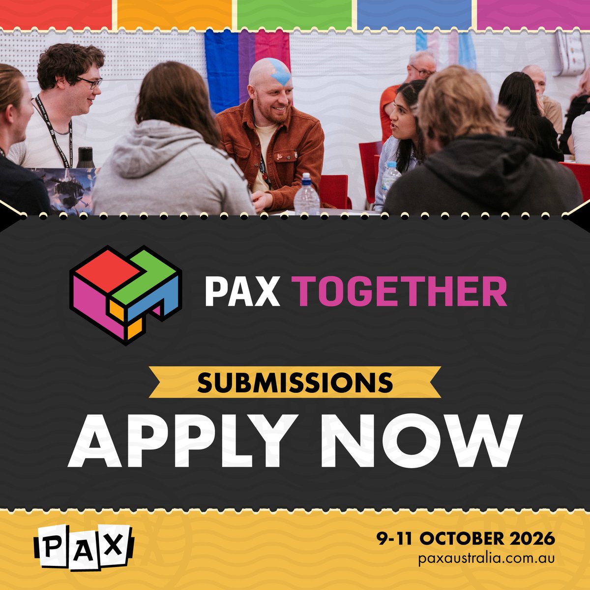 PAXAus's tweet photo. PAX Together celebrates diversity and inclusion in the gaming world. We're seeking submissions for theatre panelists, workshop presenters, community groups and accessible indie games to join us in #PAXTogether in October! #PAXAus

Get Involved: https://t.co/FqJDfDYluq https://t.co/Fk3oQVgU99