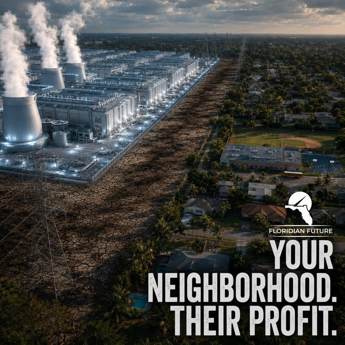 floridianfuture's tweet photo. Corporations want to build an industrial power plant in your backyard and call it a "data center."

They'll promise jobs. They'll talk about innovation. Here's what they won't mention:

• 24/7 noise, light pollution, and Electromagnetic Fields — with no off switch
• Up to 5 million gallons of water drained daily
• Enough electricity to power hundreds of thousands of homes — and YOU pay for the new power lines

Florida communities are fighting back. You don't have to figure it out alone.

Learn more and download the FREE Citizens Handbook — know your rights, know the codes, know what to say at the podium.

LINK: https://t.co/9Xn5MZDV9I