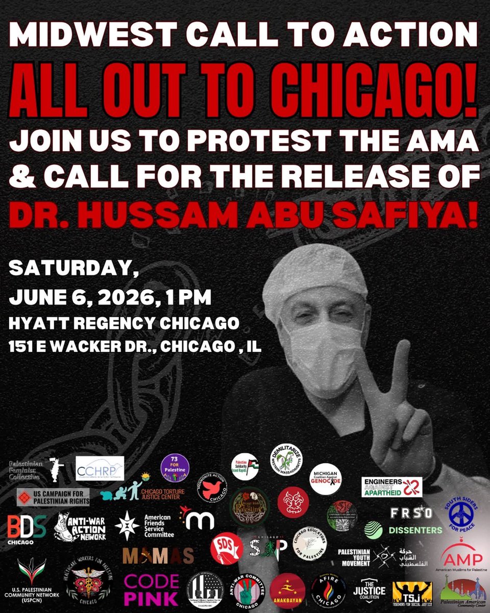 uspcn's tweet photo. Well said @SanaSaeed. We, alongside the Chi chapter of @codepink &amp; @HCW4PaliChi, are calling on the American Medical Association (AMA) to demand the release of Dr. Abu Safiya &amp; all healthcare workers kidnapped &amp; held in Israeli prisons.

Info Sheet: 
https://t.co/OxmzxMXHfk https://t.co/3BFUxE4Jlq