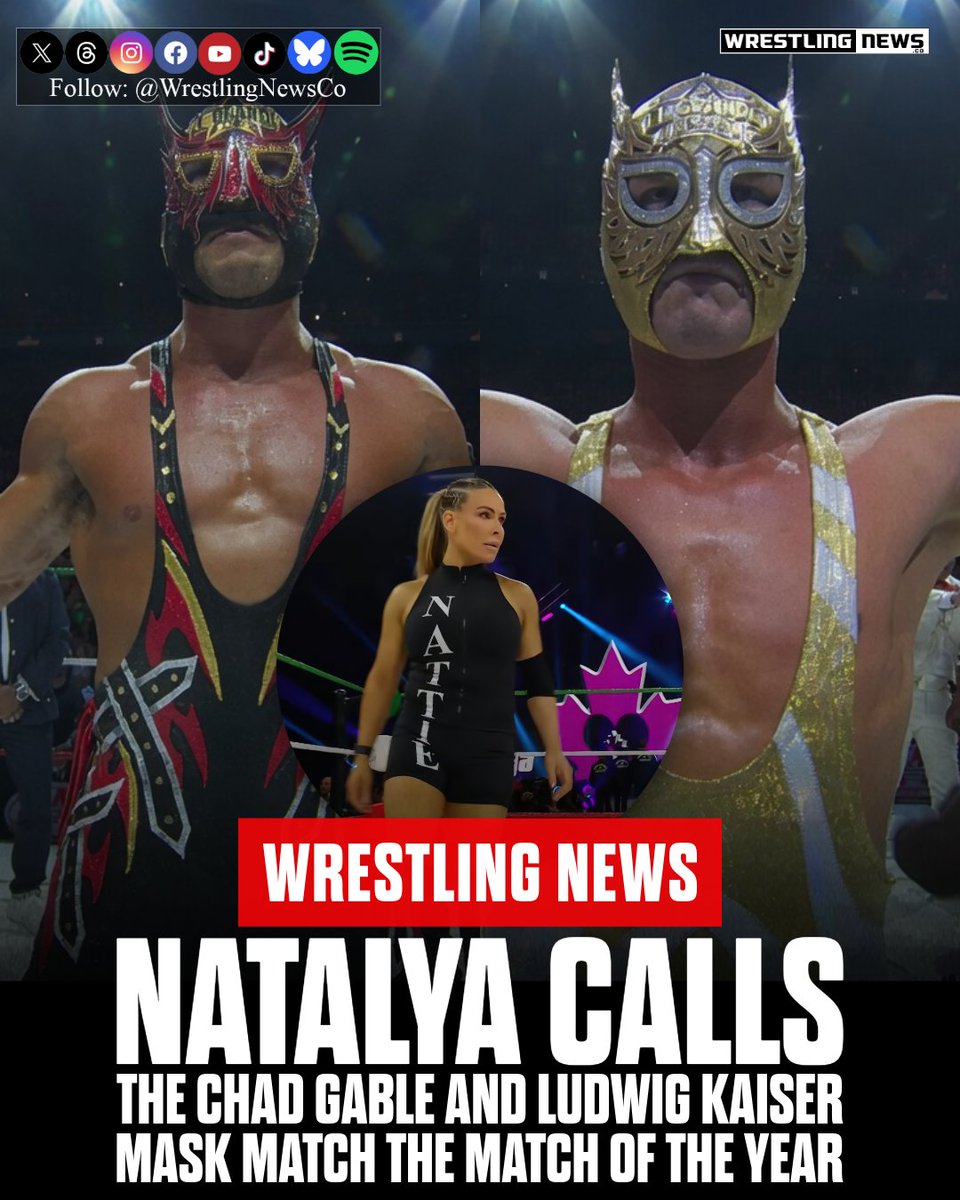 WrestlingNewsCo's tweet photo. Natalya has called the mask versus mask match between Chad Gable and Ludwig Kaiser at AAA the match of the year. On Busted Open Radio, she said Gable turned the El Grande Americano gimmick into "magic," relayed JBL calling Gable the best wrestler in the world, and said the story made Kaiser the biggest star in Mexico. https://t.co/xs5bAvVTkt