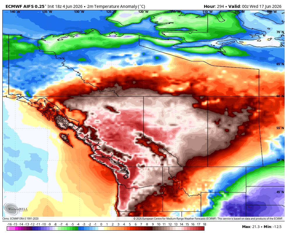 ElijahBman's tweet photo. You just gotta love the euro AI showing a June 2021 heat dome style repeat in the Pacific Northwest in 10 days. It is one of the more volatile solutions and unlikely to be this strong, but well come back to this later. #bcstorm #bcheat. Do not worry yet. https://t.co/gotH0aS0Na