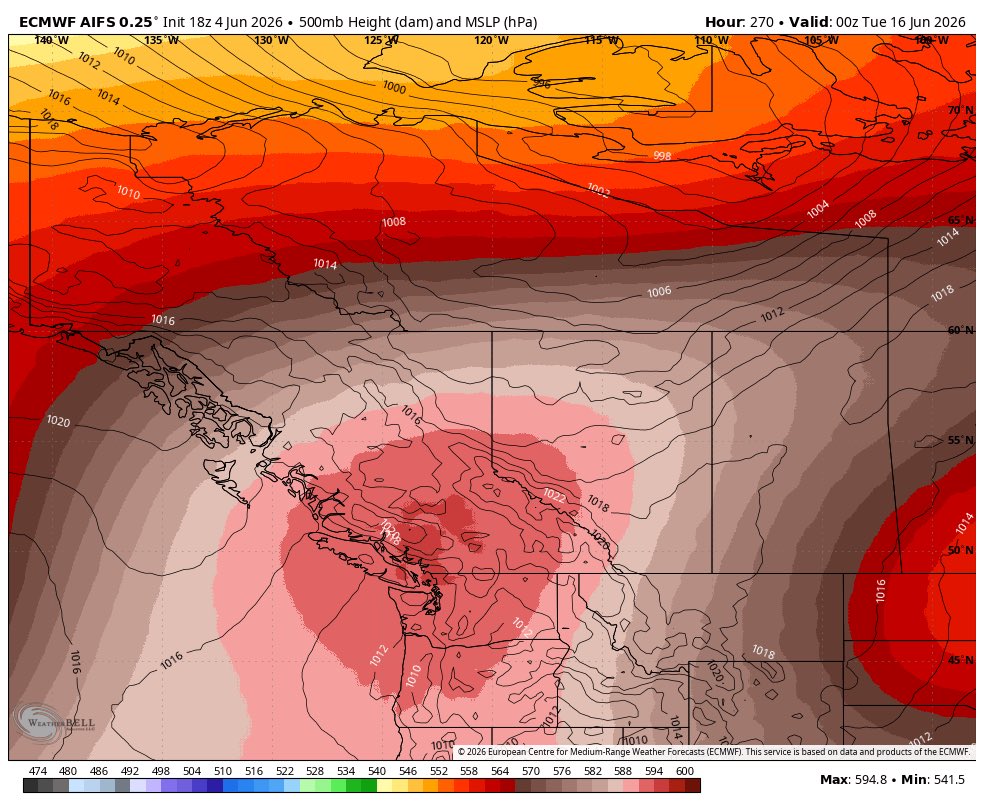 ElijahBman's tweet photo. You just gotta love the euro AI showing a June 2021 heat dome style repeat in the Pacific Northwest in 10 days. It is one of the more volatile solutions and unlikely to be this strong, but well come back to this later. #bcstorm #bcheat. Do not worry yet. https://t.co/gotH0aS0Na