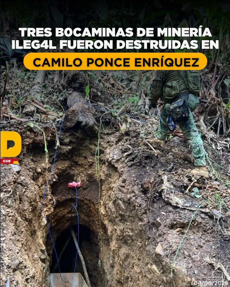 laPostaCue's tweet photo. Las Fuerzas Armadas, en apoyo a ARCOM, ejecutaron un operativo en el sector de Muyuyacu, cantón Camilo Ponce Enríquez, donde inhabilitaron tres bocaminas utilizadas para actividades de minería ileg4l. Durante la intervención también se hallaron 40 sacos de material aurífero sin procesar. Las estructuras fueron neutralizadas de forma controlada para evitar que vuelvan a ser utilizadas en la extracción ilícita de minerales.