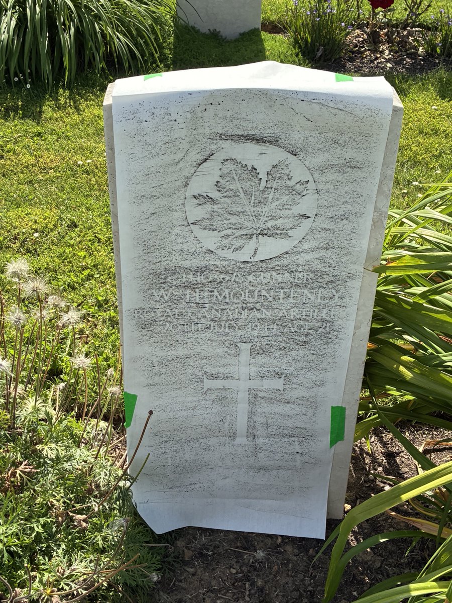 CraigMah's tweet photo. Just returned from the @RoyalCdnLegion Normandy/Belgium tour. We made a special detour to Bretteville-Sur-Laize Canadian Cemetery to do a grave rubbing for a friend’s uncle, who fell at Juno Beach. Honored to bring this home for her. #RemembranceDay https://t.co/lELgNcrq4E
