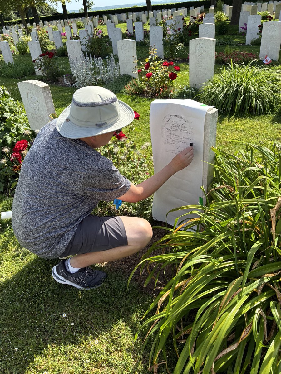 CraigMah's tweet photo. Just returned from the @RoyalCdnLegion Normandy/Belgium tour. We made a special detour to Bretteville-Sur-Laize Canadian Cemetery to do a grave rubbing for a friend’s uncle, who fell at Juno Beach. Honored to bring this home for her. #RemembranceDay https://t.co/lELgNcrq4E
