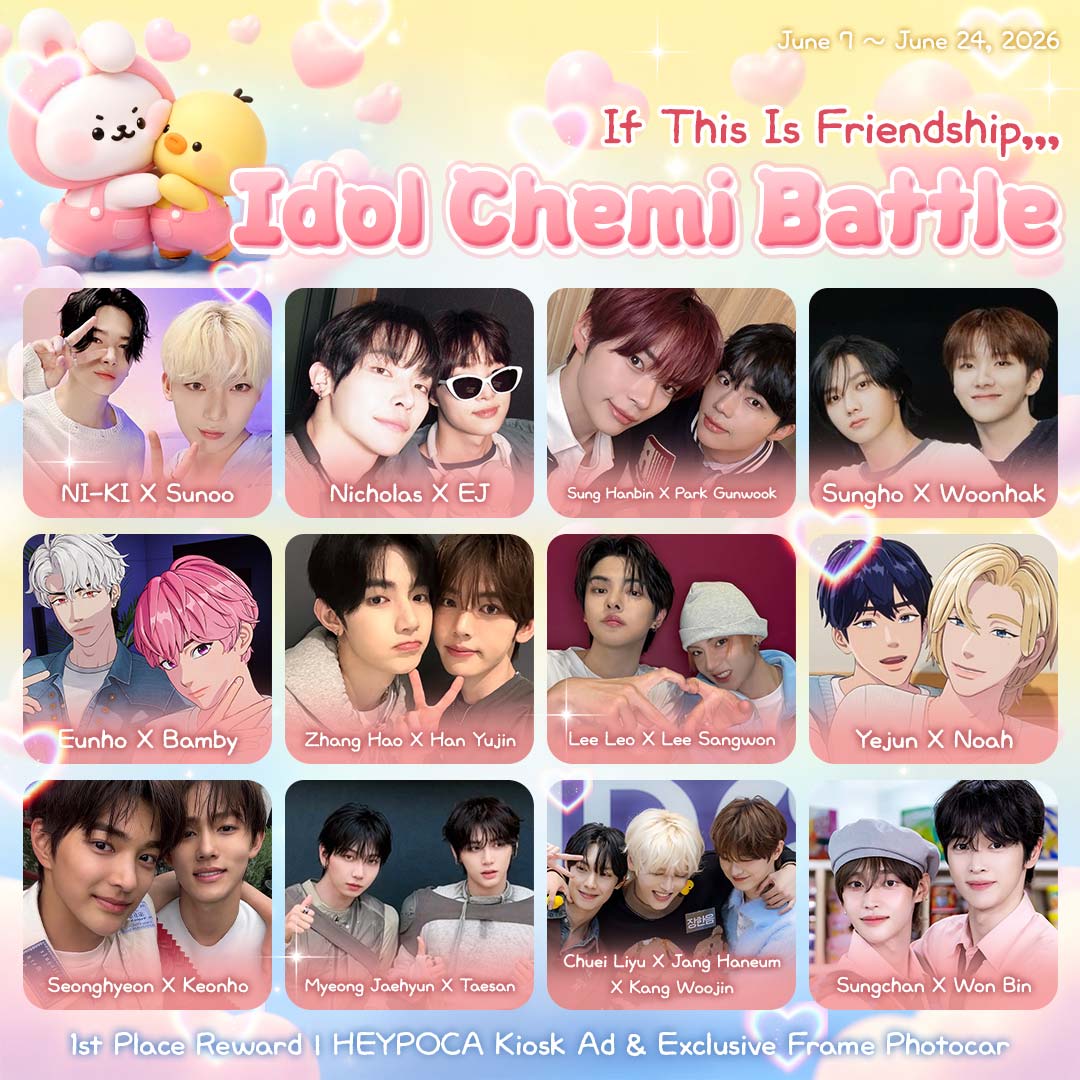 kpopidol_en's tweet photo. ♥️Idol Chemi Battle♥️

🎉Quote RT = 💗 3,000 Hearts (40 people) 

✅ How to participate (Starting now! 🏃‍♀️💨)
1️⃣ “Your favorite chemistry duo photo📷”
2️⃣ Quote RT this post with the hashtags 🔃
🏷️ #choeaedolXHeypoca #YourIdolName #UniqueNumber

🗓️ Jun 7 (Sun) ~ Jun 24 (Wed)
🎁 HEYPOCA Kiosk Ad & Exclusive Frame Photocard (2 weeks)

❤️‍🔥♥︎ Best Chemistry Duos? ♥︎𓈒𓈒( ˶'ᵕ'🫶🏻)💕
👉🏻 https://t.co/dEeQGoupqi

#ENHYPEN #andTEAM #ZEROBASEONE #BOYNEXTDOOR #PLAVE #AND2BLE #ALPHADRIVEONE #CORTIS #FLAREU #JangHaneum #RIIZE