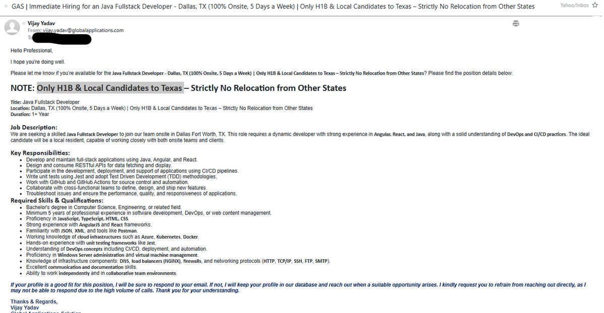 KumarXclusive's tweet photo. Title: 🚨 H-1B ONLY? Job Ad Excludes Americans and Out-of-State Workers

Why are some Indians harassing Americans in America?

How long will Americans be expected to tolerate this behavior before demanding accountability, as we've seen debated in the UK? 🤔🇺🇸

Disclaimer:
A follower shared this job advertisement. Readers should review the posting and draw their own conclusions. Kumar Exclusive is sharing it for discussion and transparency.

A follower shared this job advertisement for a Java Full Stack Developer position in Dallas, Texas.
Key points from the posting:

🔹 "Only H1B & Local Candidates to Texas"
🔹 "Strictly No Relocation from Other States"
🔹 100% Onsite, 5 Days a Week
🔹 1-Year Contract
🔹 Skills requested: Java, Angular, React, DevOps, Azure, Kubernetes, Docker, CI/CD, Windows Server, Networking, and more.

Question:
If companies are facing layoffs and claiming talent shortages, why are some job postings specifically seeking H-1B candidates and excluding applicants from other states?
Should job opportunities be advertised more openly to all qualified candidates?

Just asking the question. 🤔🇺🇸

Extract from the screenshot:

Title: Java Full Stack Developer
Location: Dallas, TX (100% Onsite, 5 Days a Week)
Duration: 1+ Year
Special Requirement: "Only H1B & Local Candidates to Texas – Strictly No Relocation from Other States"
Recruiter: Vijay Yadav
Company email domain shown: https://t.co/enxqYl414G

Cc @manikandan59950 
Cc for action @HarmeetKDhillon
@VBierschwale